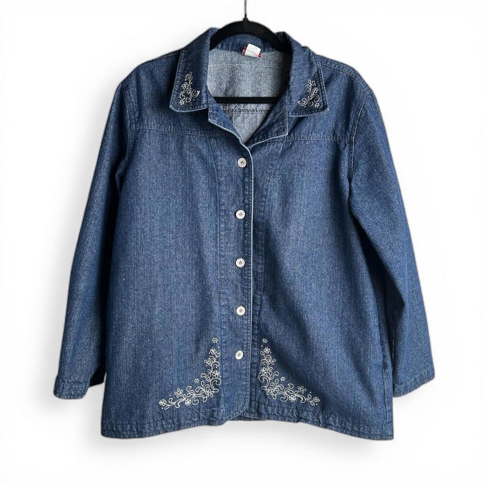Vintage Embroidered Dark Wash Denim Utility Shirt Jacket
